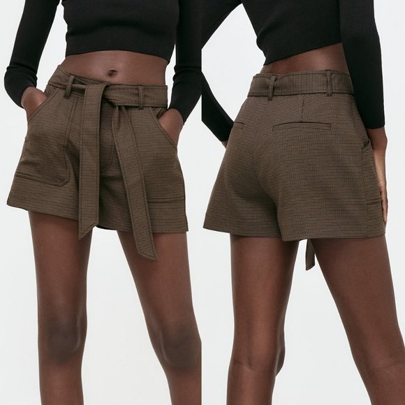 NEW Zara Houndstooth Checker Plaid High Waist Self Tie Belt Shorts Dark Brown S - Picture 5 of 10